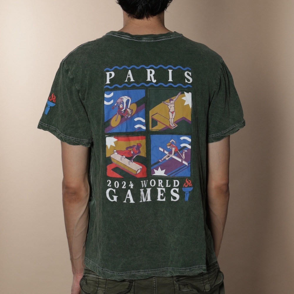 Acid Wash Green Paris 2024 World Games Graphic T Shirt Mens Size L